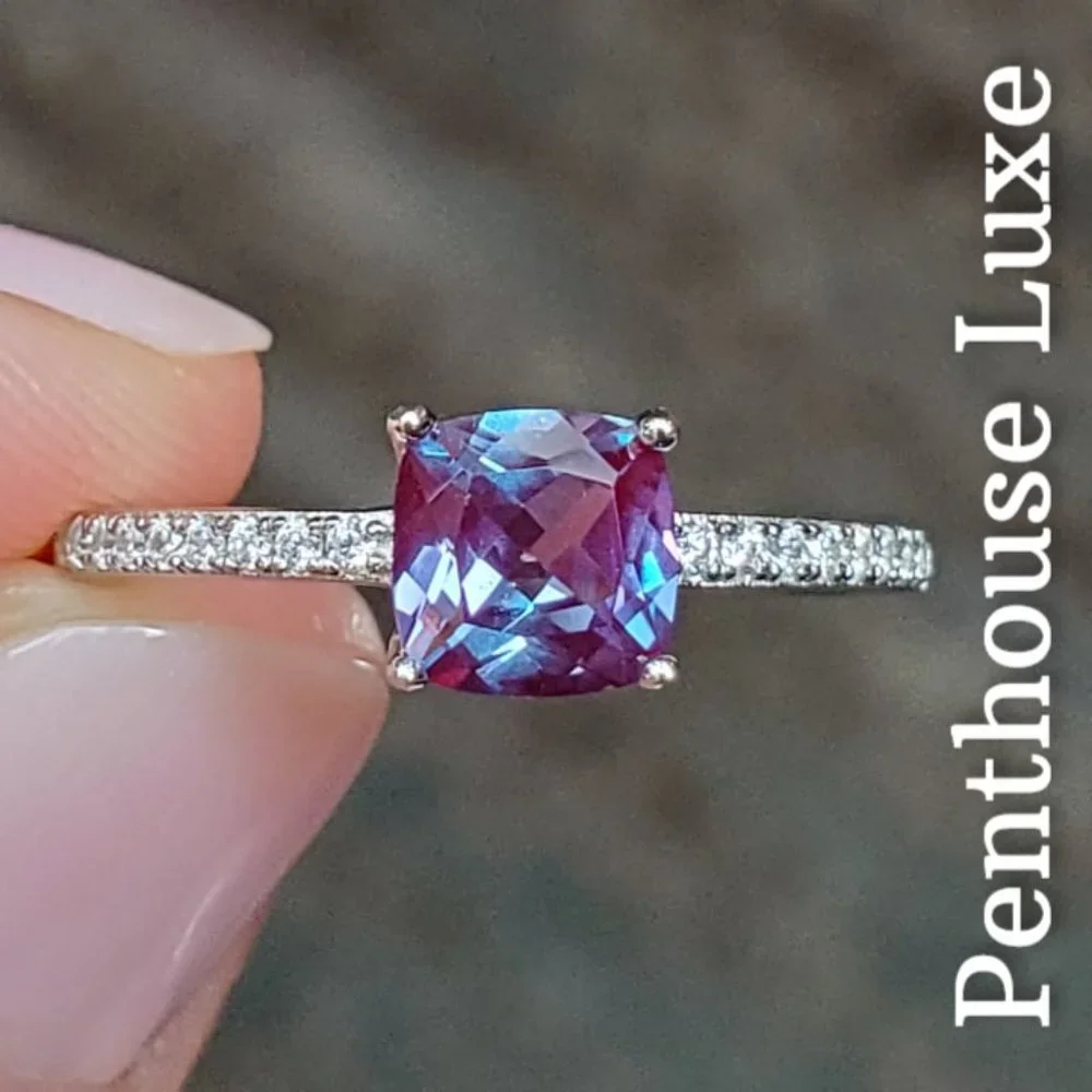 REAL 1.5ct Alexandrite Cushion Cut 925 Sterling Silver Ring